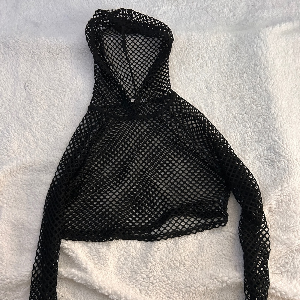 Black Fishnet Cropped Hoodie